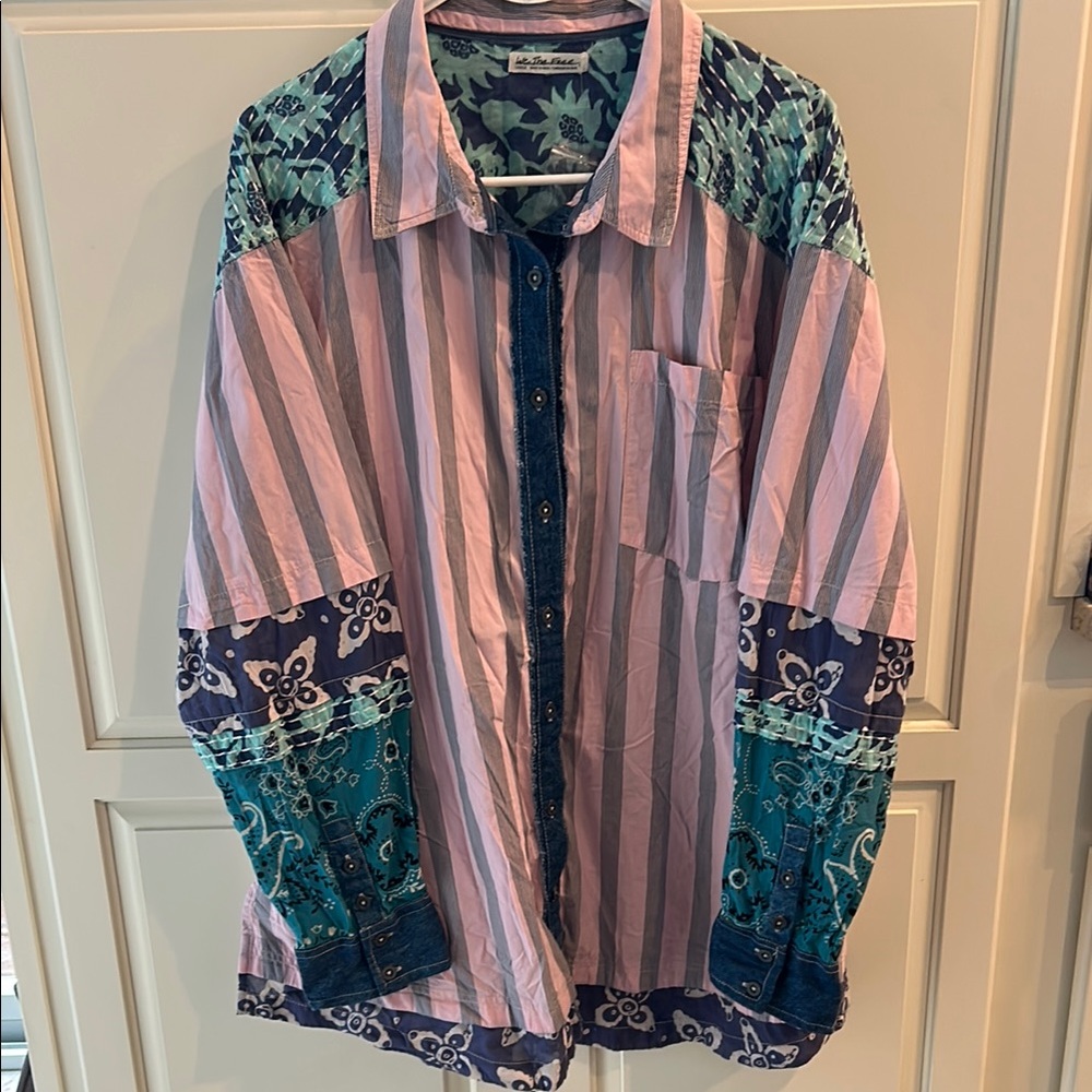 Striped Patchwork Button-Up Shirt in Pink, Teal & Navy